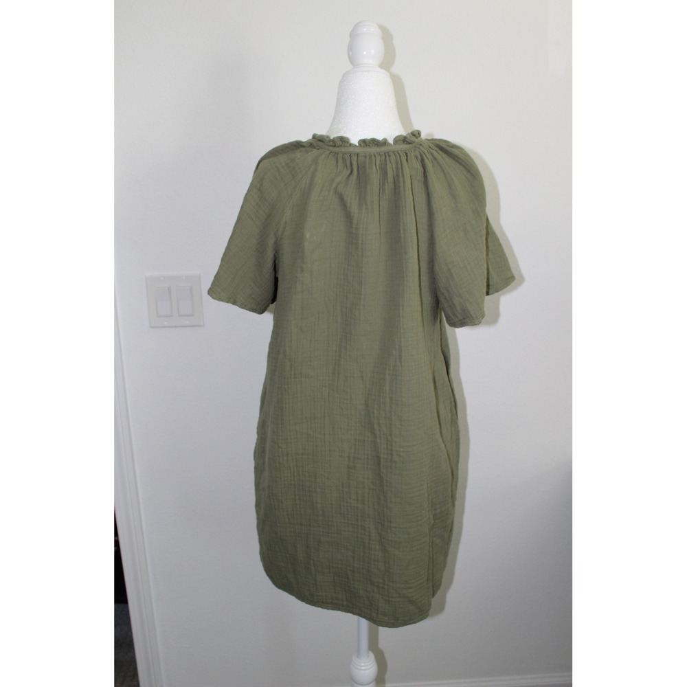 Old Navy Womens XS Olive Green Cotton Gauze Ruffle Neck Pockets Shift Mini Dress - Picture 4 of 9